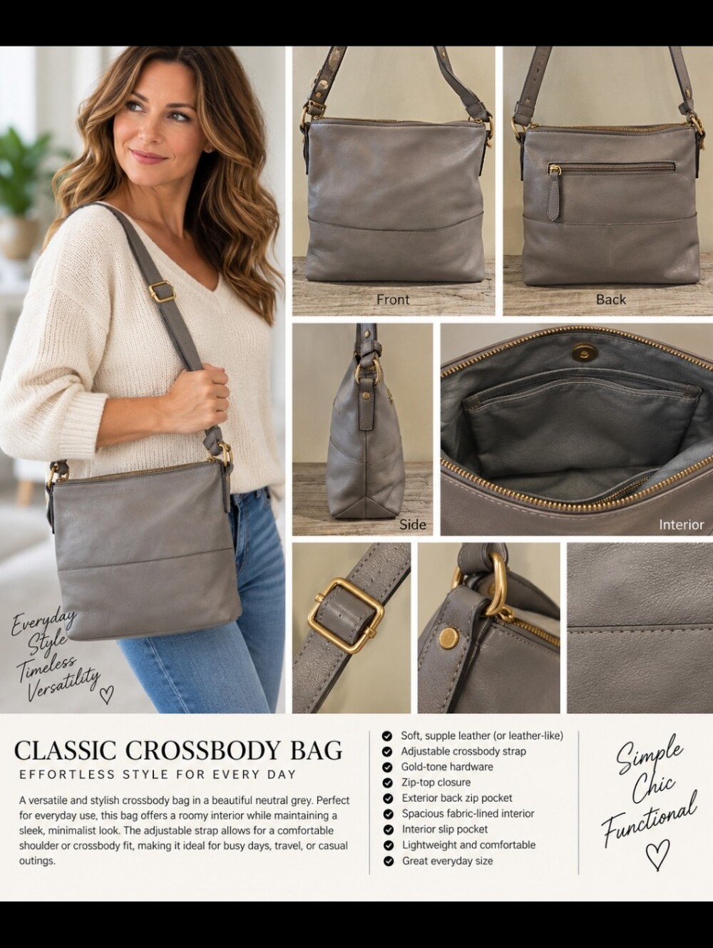 Fossil Grey/Taupe Leather Shoulder & Crossbody Bag – 2 Straps